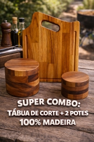 COMBO: Tabua de corte de carne + 2 potes 100% madeira